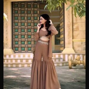 Stylish Brown Three-Piece sharara Set